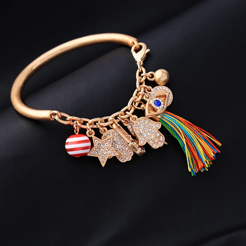 Antique Gold Color Circle Trendy Bangles For Women Crystal Star Hand Colorful Tassel Pendant Bracelet | Украшения и аксессуары