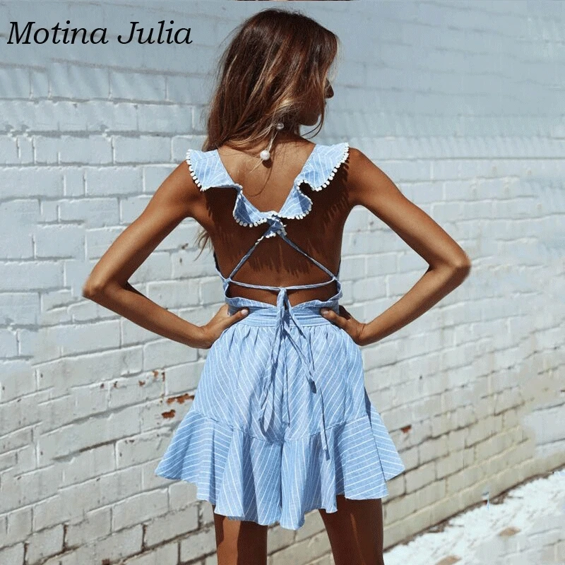 Женское платье с помпонами Motina Julia мини-платье в полоску глубоким вырезом и