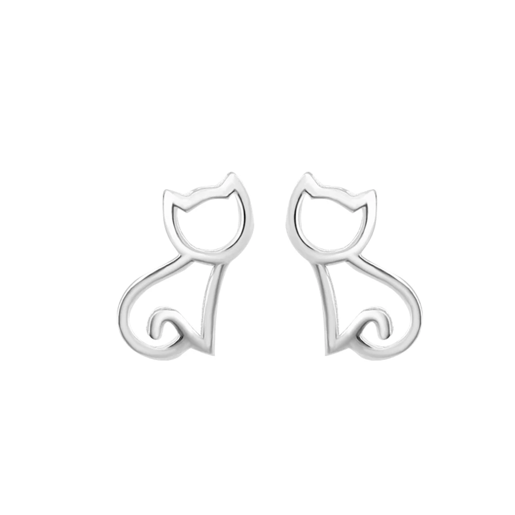 Стильные серьги гвоздики женские с мультяшным котом животным узором милые полые