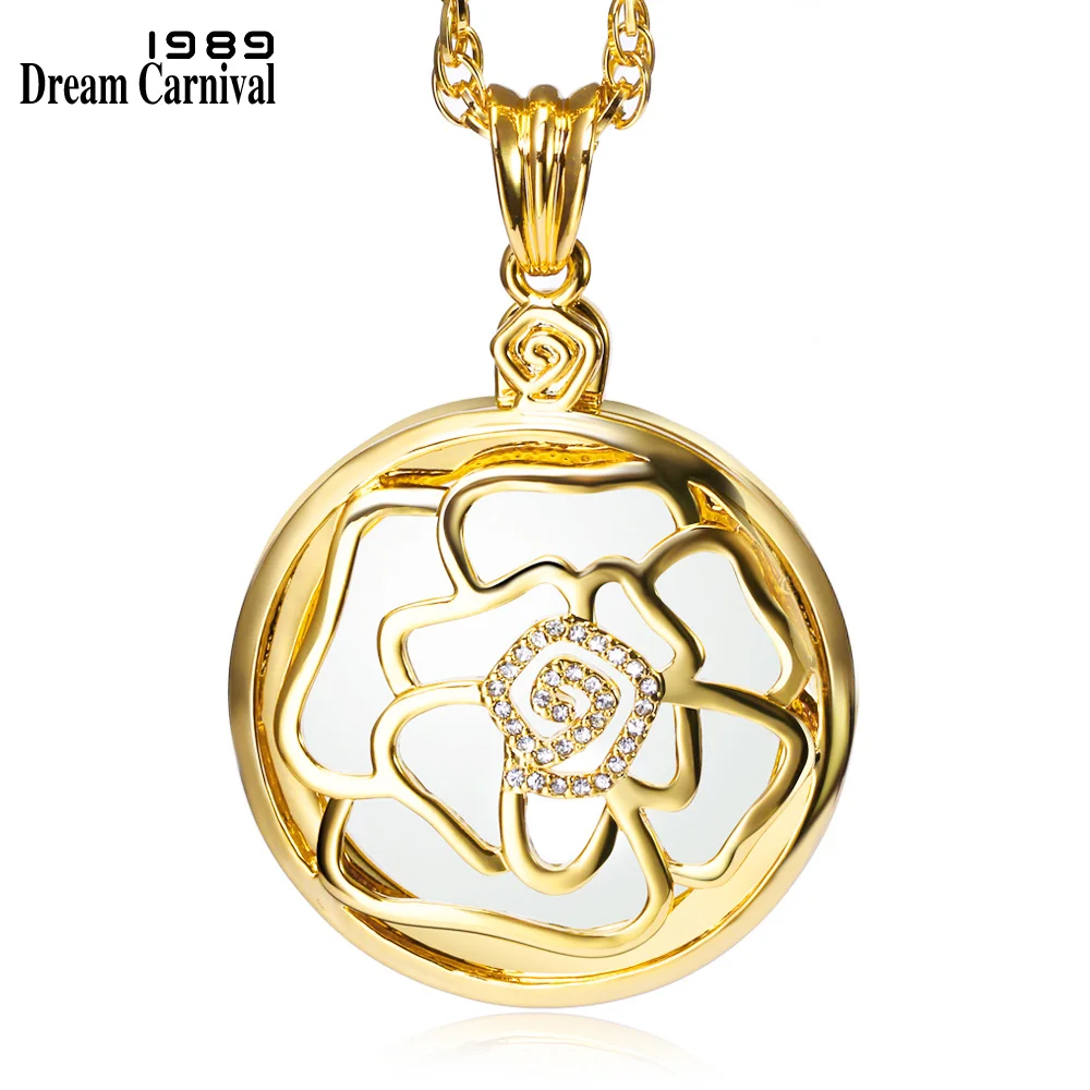 DreamCarnival1989 Romantic Crystals Rose Hollow Cover Magnify Glass Pendant Necklace Gold Color Gift for Mum Wholesalers P-0032