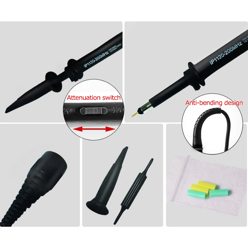 

Universal 200MHz Oscilloscope Probe Kit High Precision IP1120 Oscilloscope Accessories Test Clip Probe for Mini Oscilloscope
