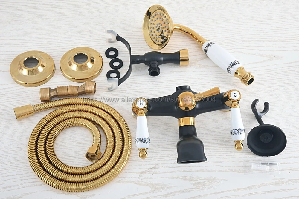 Bathtub Faucets Black Gold Brass Shower Dual Handle Wall Mounted Bath And Faucet With Handheld Showers Ntf06 | Обустройство дома