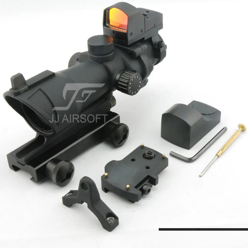 JJ Airsoft ACOG Style 4x32 Scope Illumination with Docter Mini Red Dot & Killflash / Kill Flash (Black/Tan) FREE SHIPPING | Спорт и