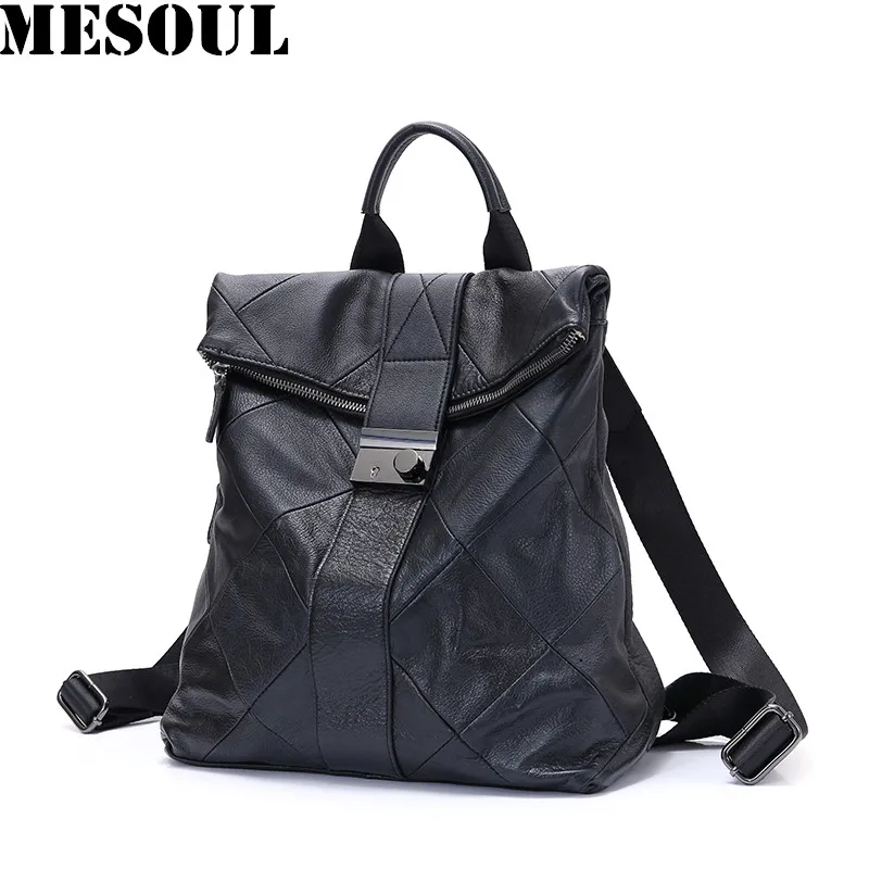 

MESOUL Backpack Women Genuine Leather Bag Casual Travel Bags For Teenagers Girls Black Backpack Female Rucksack Mochila Mujer