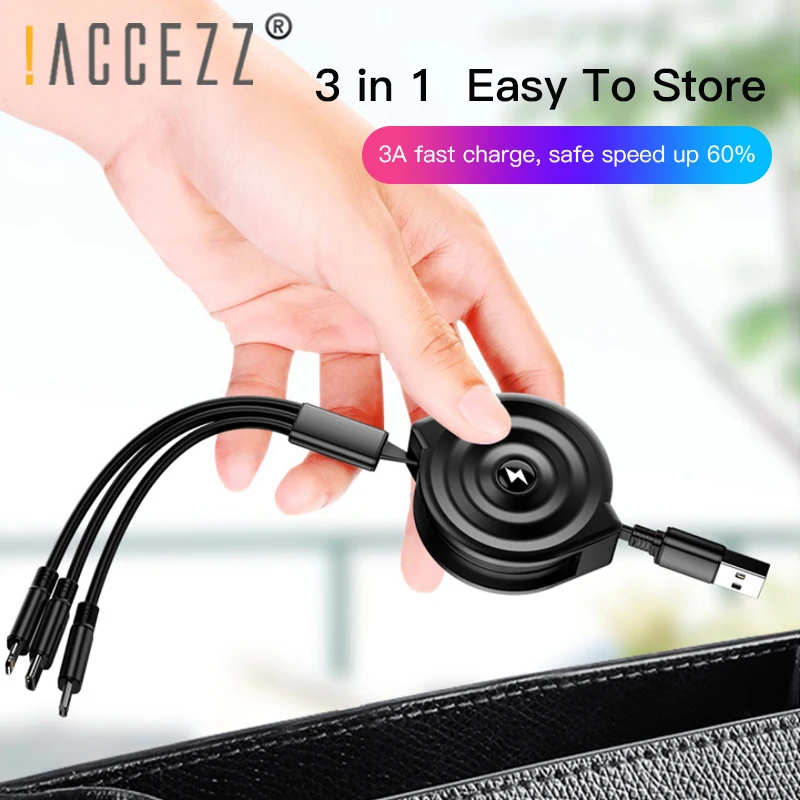 ! ACCEZZ 3 в 1 Выдвижной USB кабель для iPhone XS XR Micro usb type C TPE Быстрая зарядка samsung Xiaomi huawei