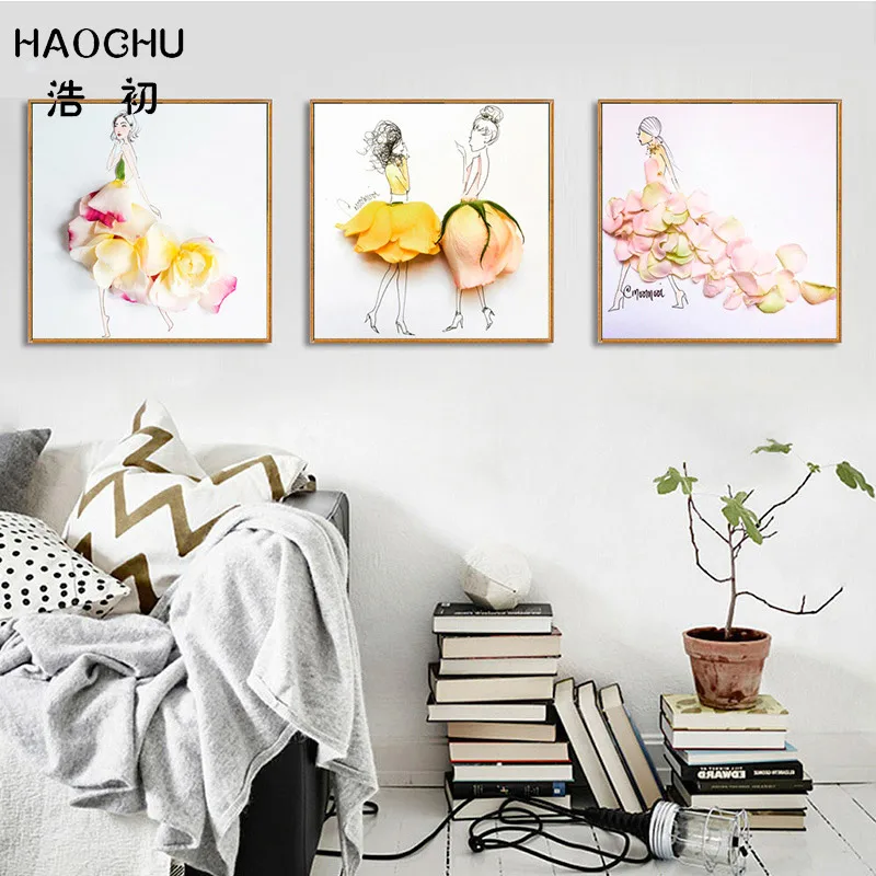 HAOCHU Nordic трехмерный цветочный эффект девушка холст детская комната настенные
