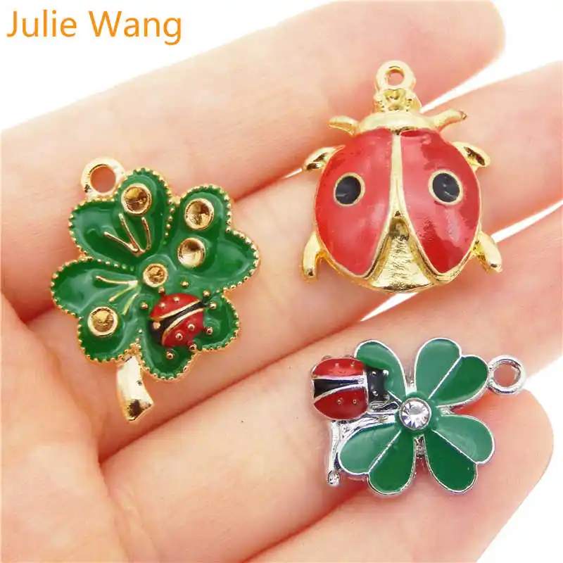 Julie Wang 6 шт. смешанный эмалевый Клевер Божья коровка милые шармы сплав ожерелье