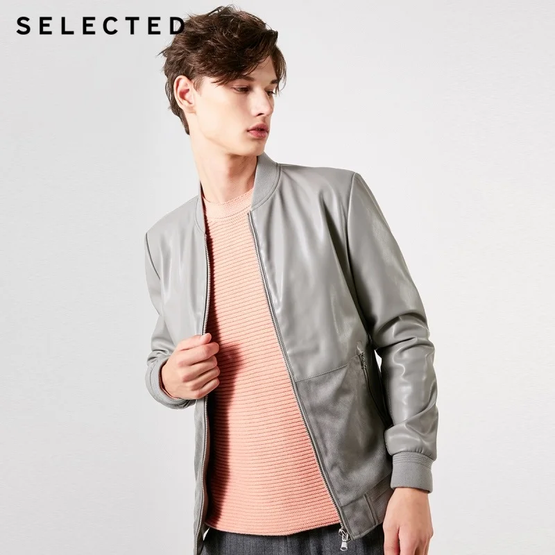 SELECTED Men's Leather Jacket Baseball Collar Spliced Regular Fit PU Jacket S | 4191P3509 - Цвет: ALLOY