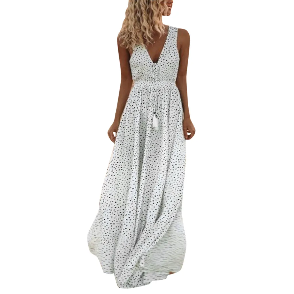 Женское длинное пляжное платье белое макси в горошек без рукавов с бахромой