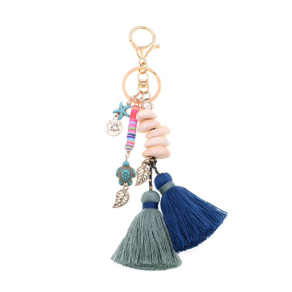 navy blue WELLMORE BOHO Стиль Брелок shandmade shell с длинной кисточкой сплав брелок для женщин девушка сумка брелок - Цвет: navy blue