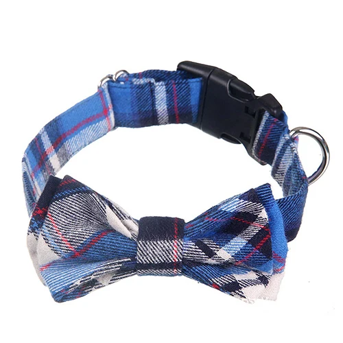 Blue Plaid Поводок для домашних животных, Клетчатая Ткань банта, ошейник для собак, регулируемый поводок для щенка, ожерелье из хлопка, 3 цвета, классические вещи для собак - Цвет: Blue Plaid