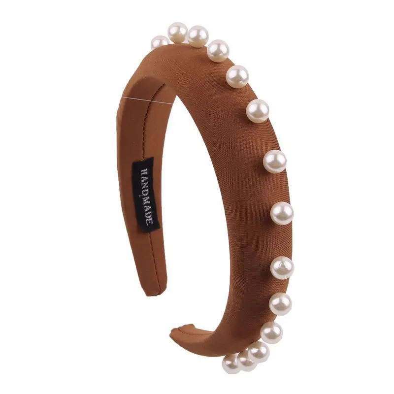 04 pearl brown Fioday, украшенные кристаллами, 3 см, ширина 1,5 см, толстые повязки на голову, черные, с заклепками, молочный шелк, повязки на голову для женщин, искусственные жемчужные обручи для волос, женские - Цвет: 04 pearl brown