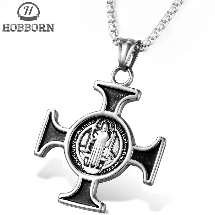 

HOBBORN Classic Saint Benedict Medal Cross Necklaces & Pendants Men Women Stainless Steel Virgin Mary Pendant Christian Jewelry