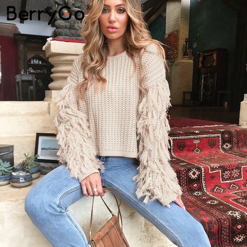 BerryGo Vintage tassel o neck sweater women Streetwear long sleeve winter jumpers 2018 Army green pullover femme jumper | Женская одежда