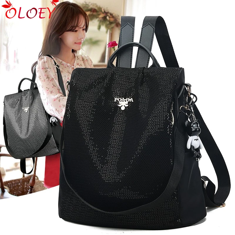 

Backpack female 2020 new Korean version of the tide fashionSequin wild Oxford cloth canvas travel bag anti-theft ladies backpack