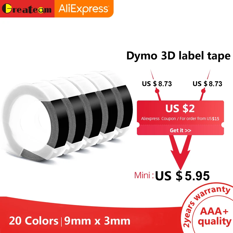 Greateam 5 шт. Dymo 3D 9 мм белый на черном DYMO самоклеящаяся виниловая лента с тиснением