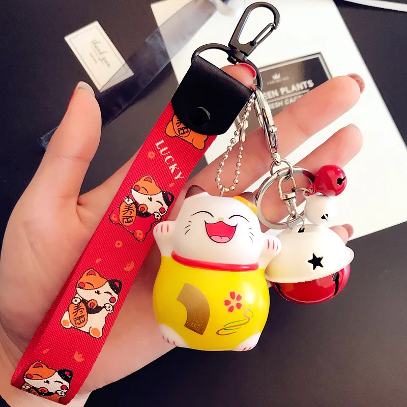 K13 Cartoon Cute Animal Smile Face Lucky Cat Keychain Braid Belt Bells Key Ring Women Car Bag Charm Key Chains Pendant Trinkets Gift - Цвет: K13