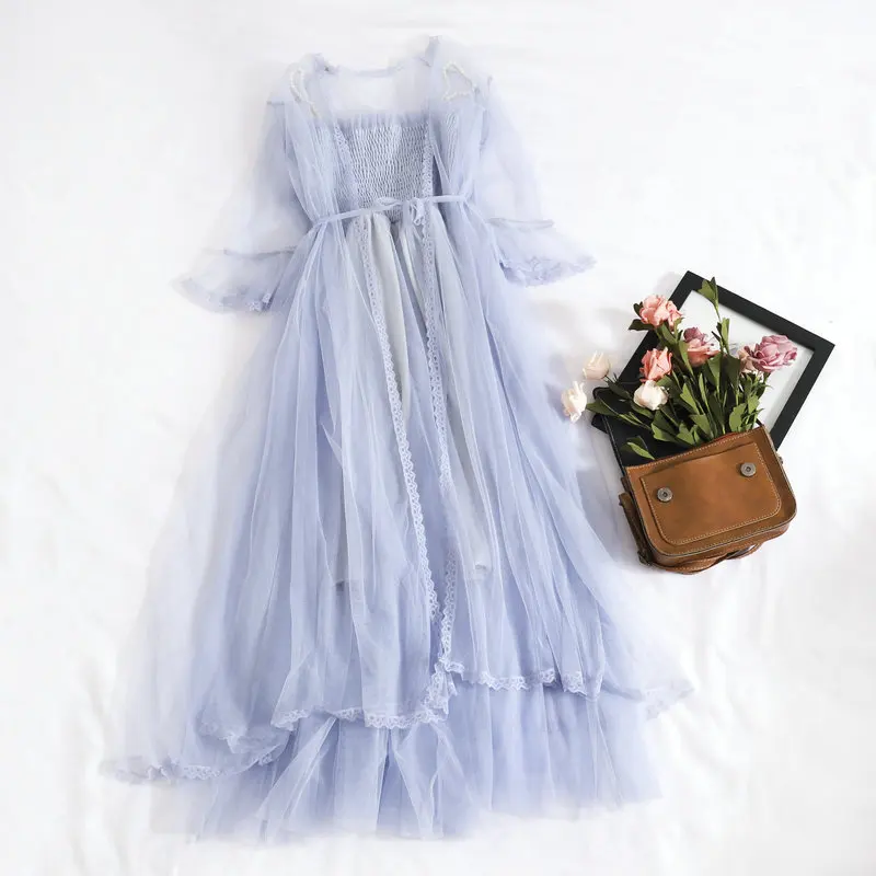 Women Dress 2 шт. женское платье с жемчугом и цепочкой из бисера на тонких бретельках с кружевным цветком из тюля элегантное ТРАПЕЦИЕВИДНОЕ эластичное тонкое сетчатая вуаль миди платье - Цвет: Women Dress