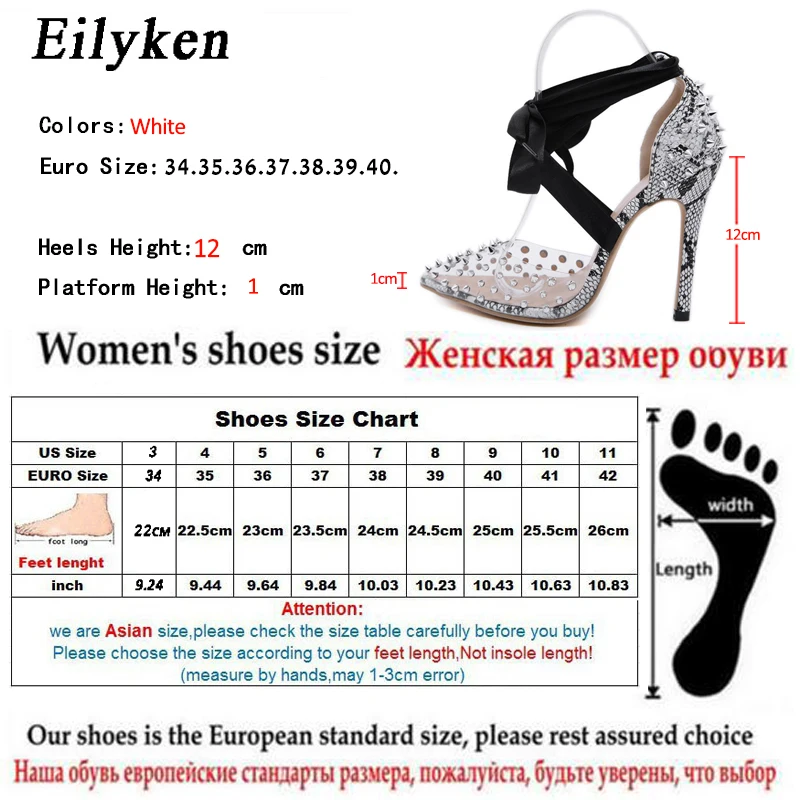 Eilyken/прозрачные туфли-лодочки из пвх; вечерние туфли-лодочки с серебряными заклепками под змеиную кожу; женская дизайнерская обувь на шнуровке; женская обувь на высоком каблуке