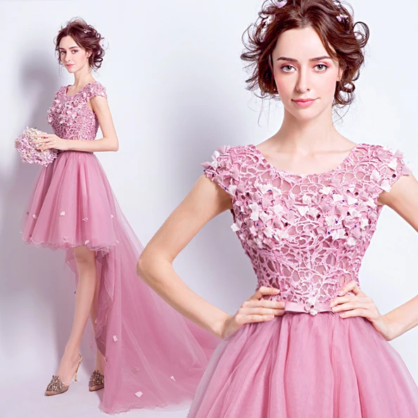 Fairy Elegant Fashionable pink short dresses graduation 2018 O-neck Formal Dress front with long sweep train Party Gown | Свадьбы и