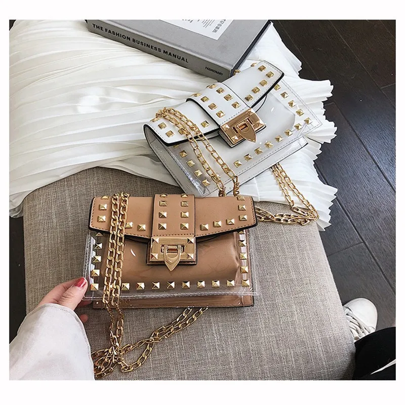 Small Clear Brand Designer Woman 2019 New Fashion Girl Messenger Bag Chains Shoulder Female Rivets Transparent Square PU | Багаж и сумки