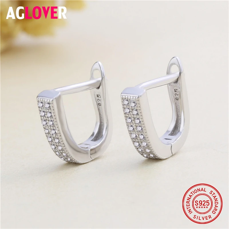 AGLOVER Fashion Original 100% 925 Sterling Silver Hoop Earrings Jewelry Luxury Clear CZ U Shape for Women | Украшения и
