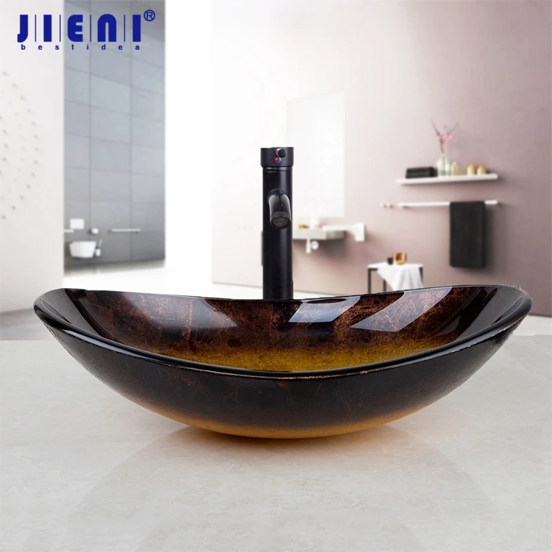 

JIENI Bathroom Black Mixer Tap Round Sink Faucet Vessel Bathroom Glass Basin Vanity Waterfall Faucets Bath Accessaries W/ Drain
