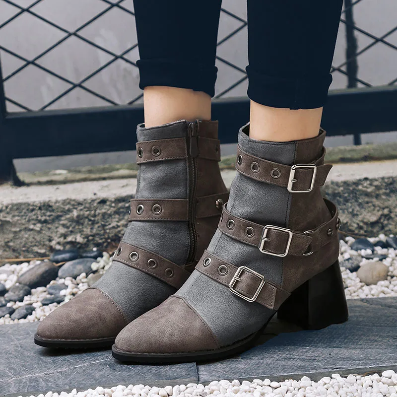 Phoentin zipper punk boots woman ankle strap patchwork narrow band female winter hoof heels 6cm women shoes FT226 | Обувь