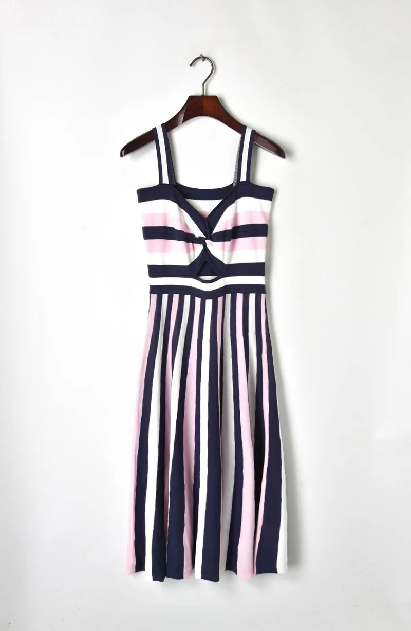 Популярная цветная полоска Вязание платье 2019 летние Для женщин полым поясом с