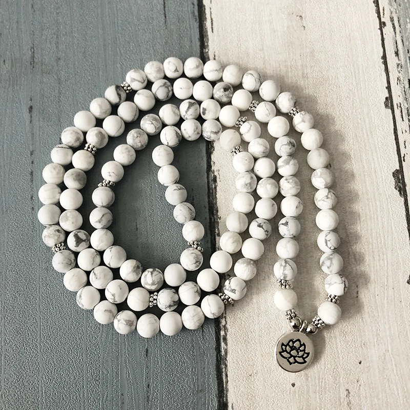 8 мм матовый Howlite мала 108 бусины браслет с цветком лотоса или ожерелье рейки четки молитвенные бусы браслет белый камень