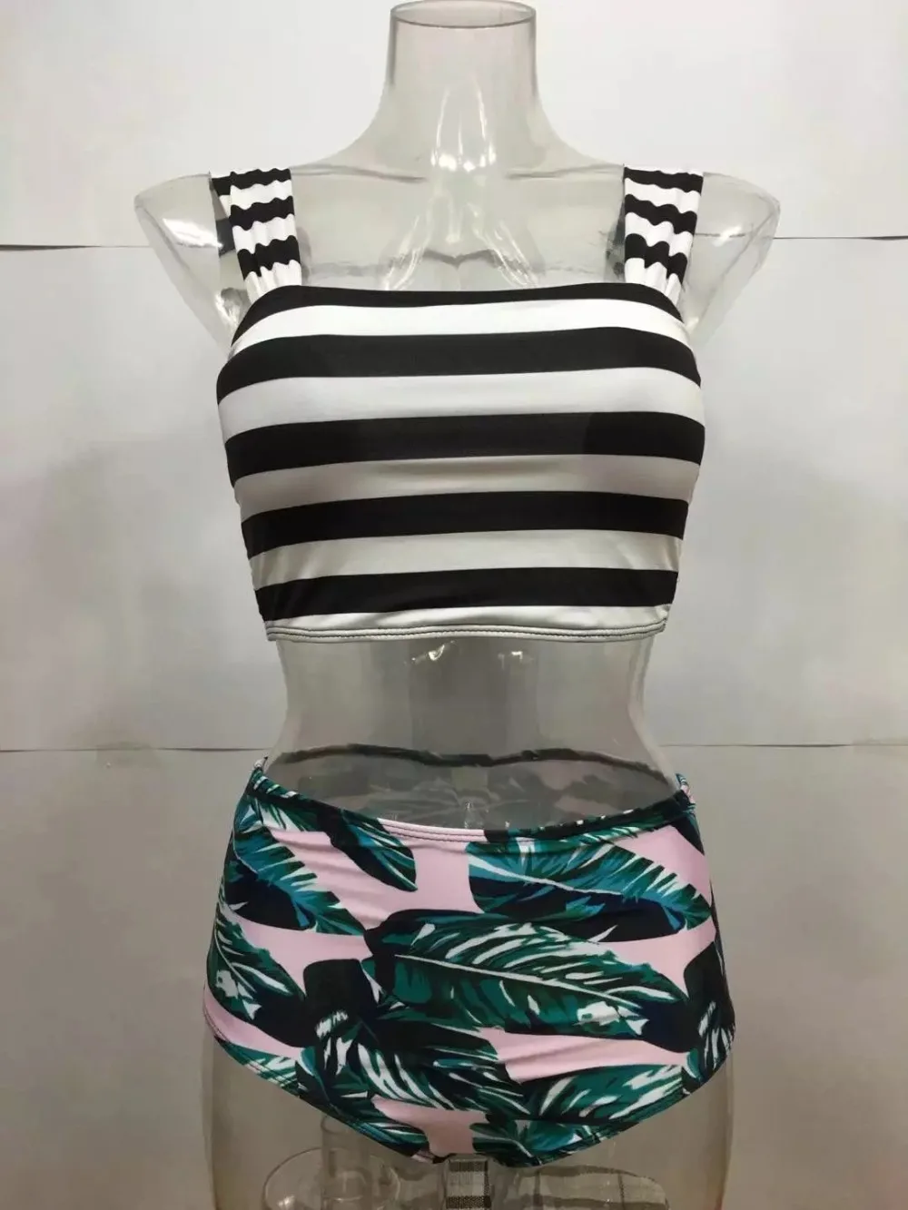 Женский купальник в черную полоску с высокой талией | Женская одежда