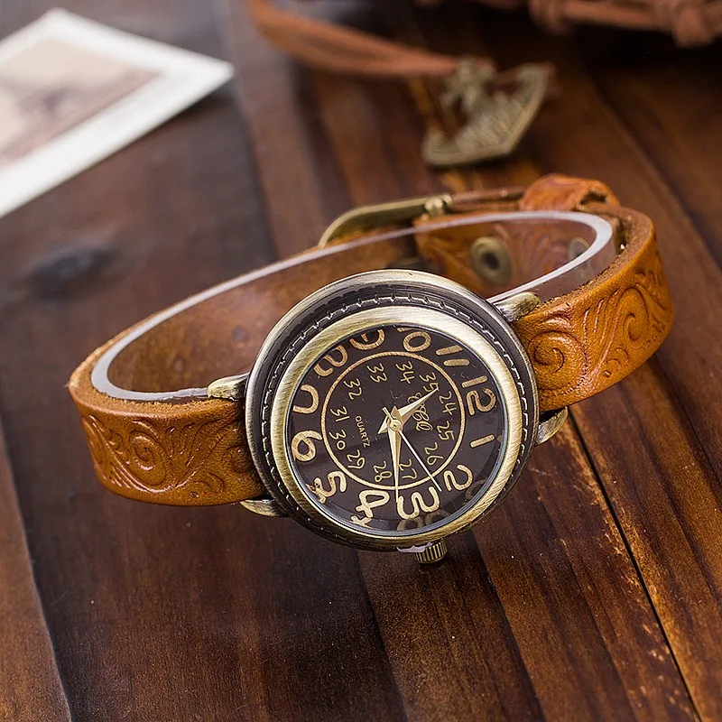 CCQ Марка Винтаж Корова Кожаный Браслет Смотреть Женщин Цветочной Гравировкой