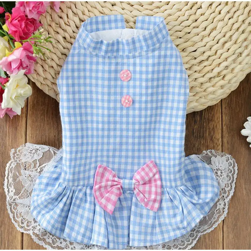 Blue Pet Cat Clothes Small Medium Pet Cats Dogs Skirts Spring And Summer 4 Color XS-L Pet Supplies For Cute Lattice Lace Cat Dress - Цвет: Blue