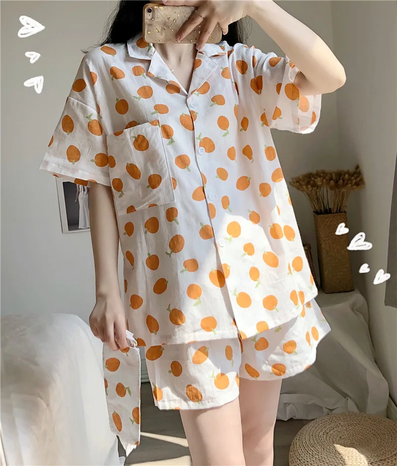 Fdfklak Orange print pyjamas women cotton sleepwear set casual student's nightwear pijama home wear pajamas sets with Eye mask | Женская