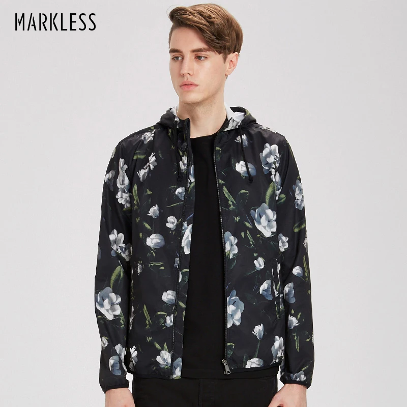 Мужская тонкая куртка Markless черная Повседневная облегающая с капюшоном и принтом из полиэстера 2018 JKA7103M|printed
