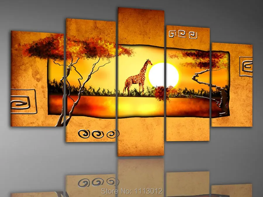 

Hand Painted Yellow Giraffe Tree Oil Painting High Quality 5 Pcs Sets On Canvas Home Decoration Modern Picture For Living Room