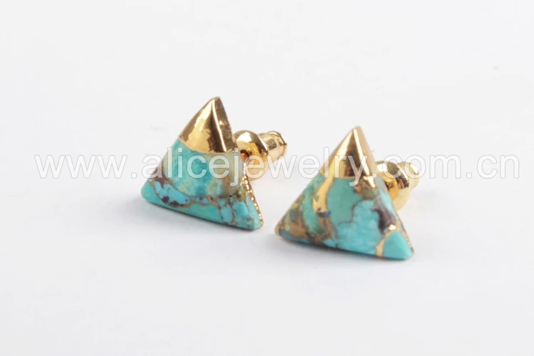BOROSA 5 пар Boho Studs ISES шпильки 10 мм Позолоченные квадратные круглые треугольные натуральные бирюзовые серьги ручной работы подарки для леди G1723 - Окраска металла: Triangle Shape