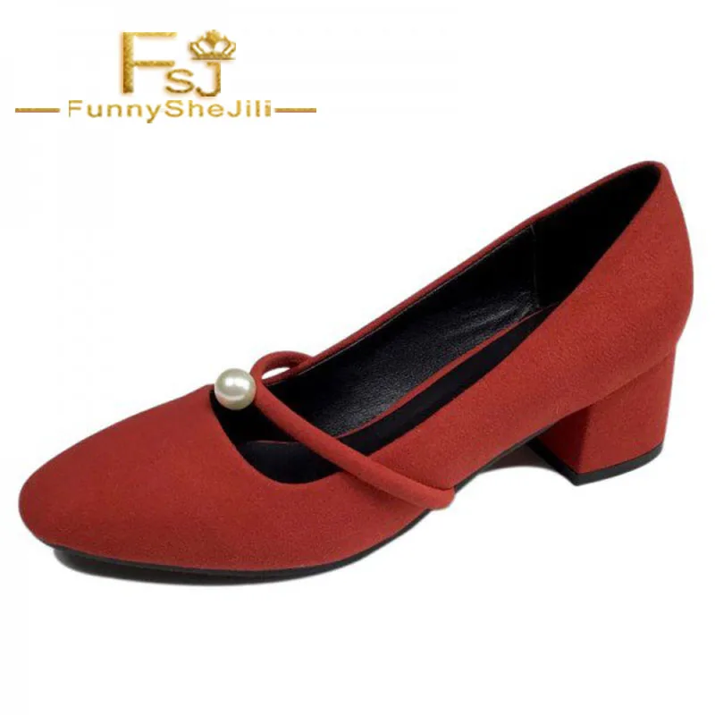 

Women's Coral Red Suede Pearl Decorated Low-Heel Mary Jane Shoes Vintage Heels Spring Autumn Women Shoes Fashion FSJ Elegant