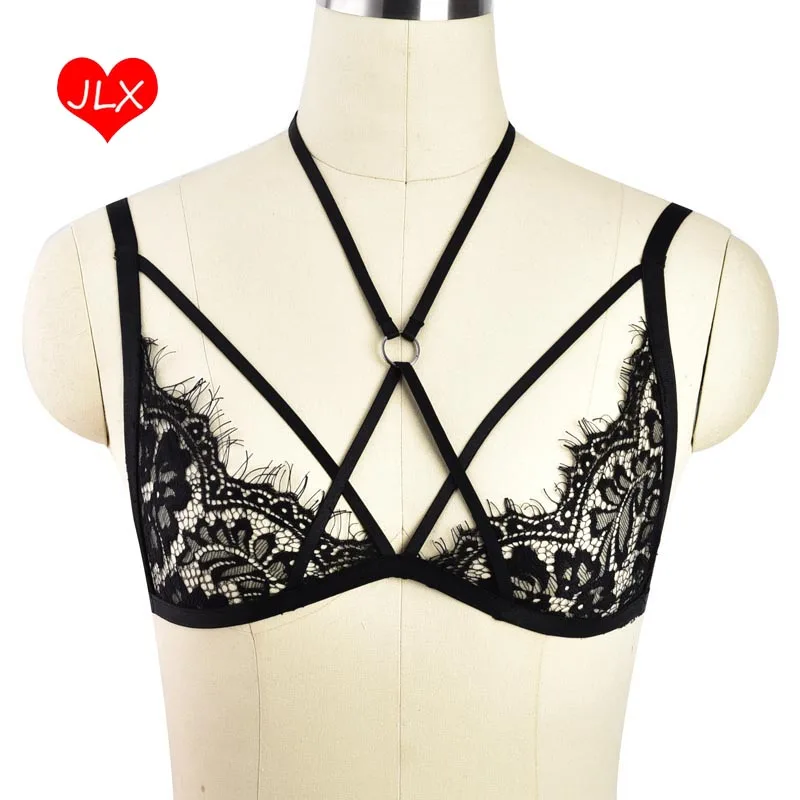 Черное кружево восточном See Through Soft Bralette гот тела Кейдж Бюстье Эротическое белье