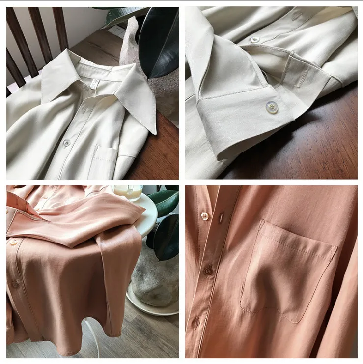 

Women Vintage Pockets Satin Blouse 2019 Sping Solid Loose Casual Shirts Women Tops Clothing Satin Blusa