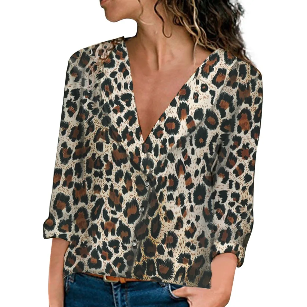 Женский пуловер с длинными рукавами и v-образным вырезом леопардовым принтом |