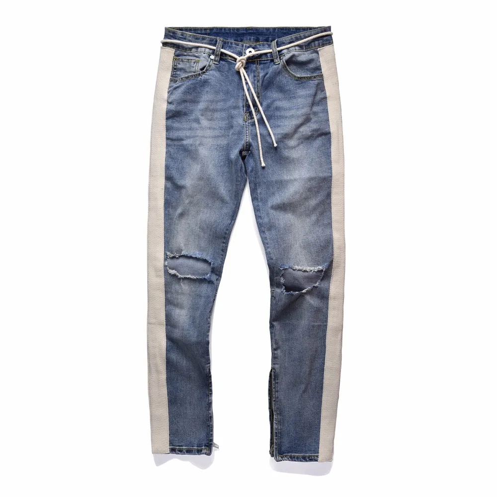 

KANYE WEST Knee Hole Side Zipper Slim Distressed Jeans Men justin bieber Ripped tore up Jeans For Men stripe pants Streetwear