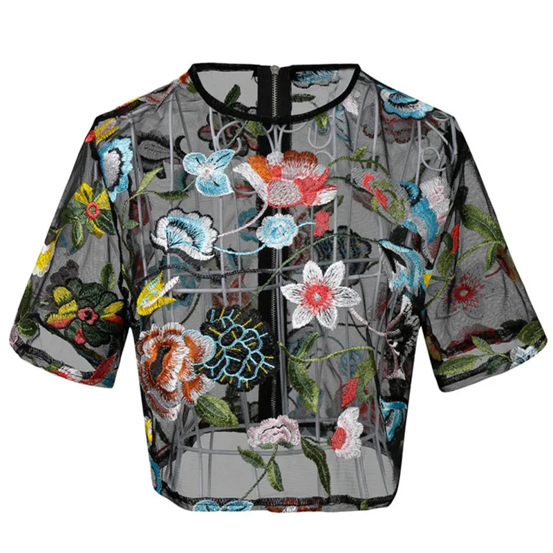 Женская футболка в стиле Харадзюку Кружевной укороченный топ с цветочным