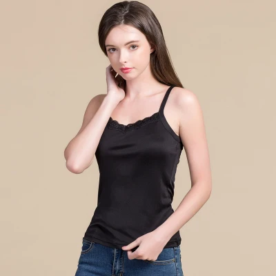 Черный Женские шелковые топики из натурального шелка, Вязаные кружевные топики, летние приталенные футболки, Бежевые Белые майки - Цвет: Черный