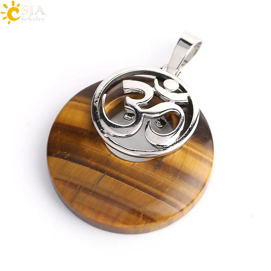 Tiger Eye CSJA рейки натуральный камень розовый с кварцевым тигровым глазом Фиолетовый Кристалл оникс кулон Йога Серебряный Цвет 3D AUM женские ожерелья бижутерия G049 - Окраска металла: Tiger Eye