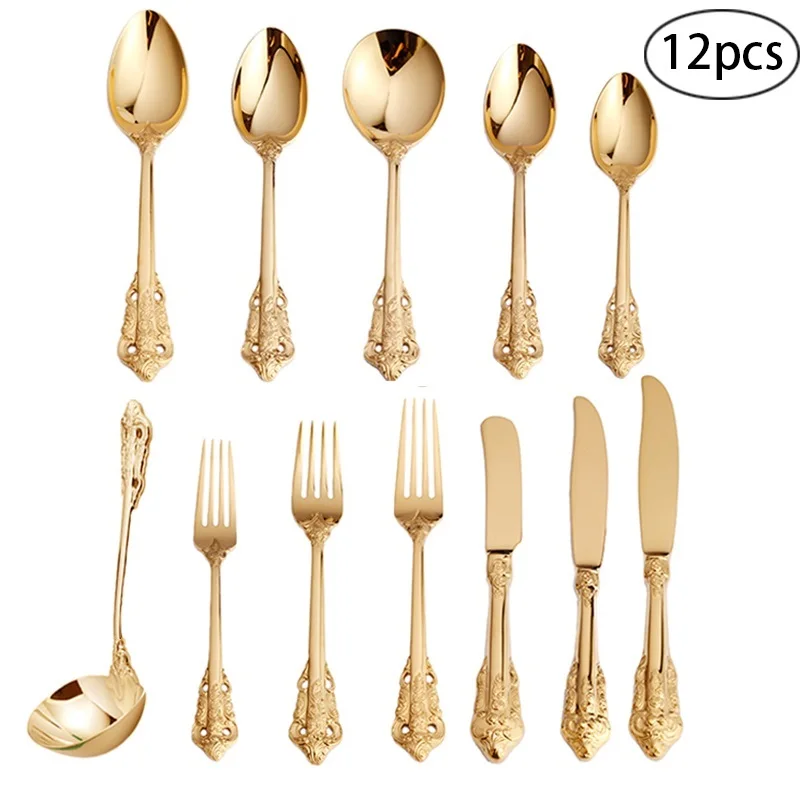12pcs 1 set 12 шт. золотые столовые приборы Рождественская столовая посуда Золотой столовые приборы из нержавеющей стали набор ложек и вилок Ретро Свадебный ужин подарок кухня - Цвет: 12pcs 1 set