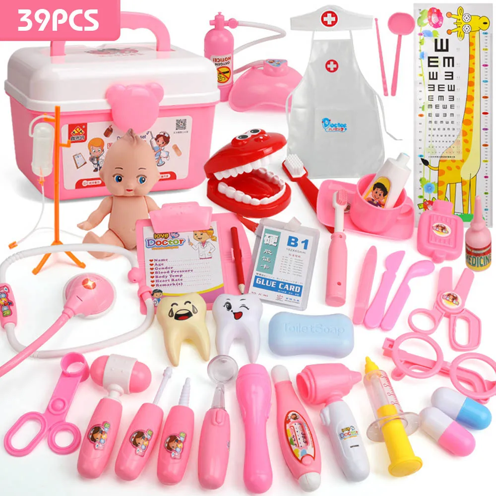 39pcs pink 21-39 шт Детские ролевые игры медицинские игрушка "Медсестра" комплект Портативный чемодан Моделирование Медицинский Набор для детей, обучающие игрушки для детей - Цвет: 39pcs pink