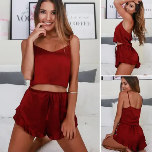 

New Women Lingerie Sleepwear Pajamas Short Sets Silk Lace up Stappy Solid Color Lady Cami Chemises Nightwear