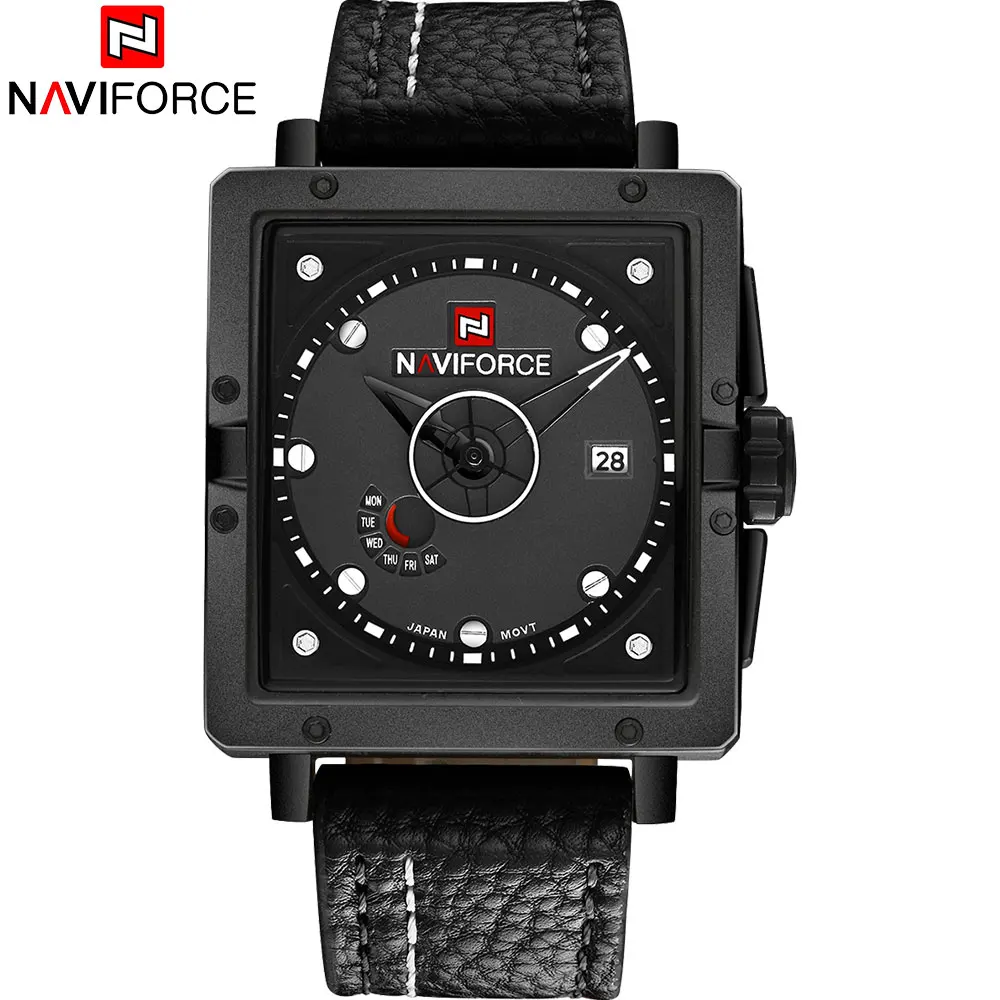 NAVIFORCE Новые популярные Брендовые мужские часы модные спортивные кварцевые часы квадратные циферблаты 30 м Водонепроницаемые оранжевые кожаные часы - Цвет: black
