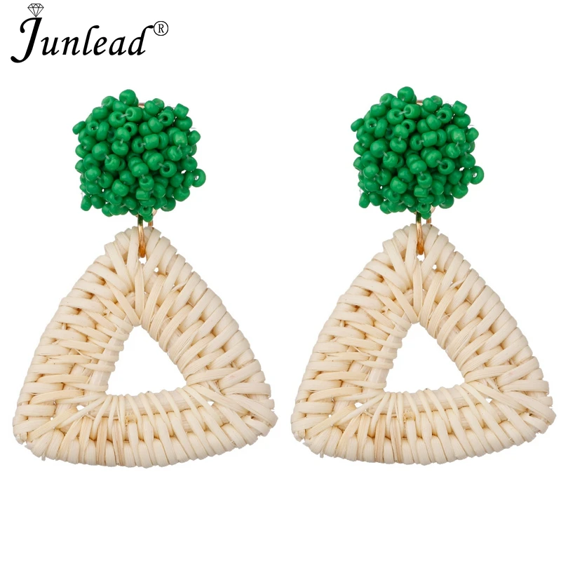 Junlead Wholesale Triangle Pendant Vintage Dangle Statement Earring Beaded Wooden Straw Weave Rattan Earrings For Female Bijoux | Украшения